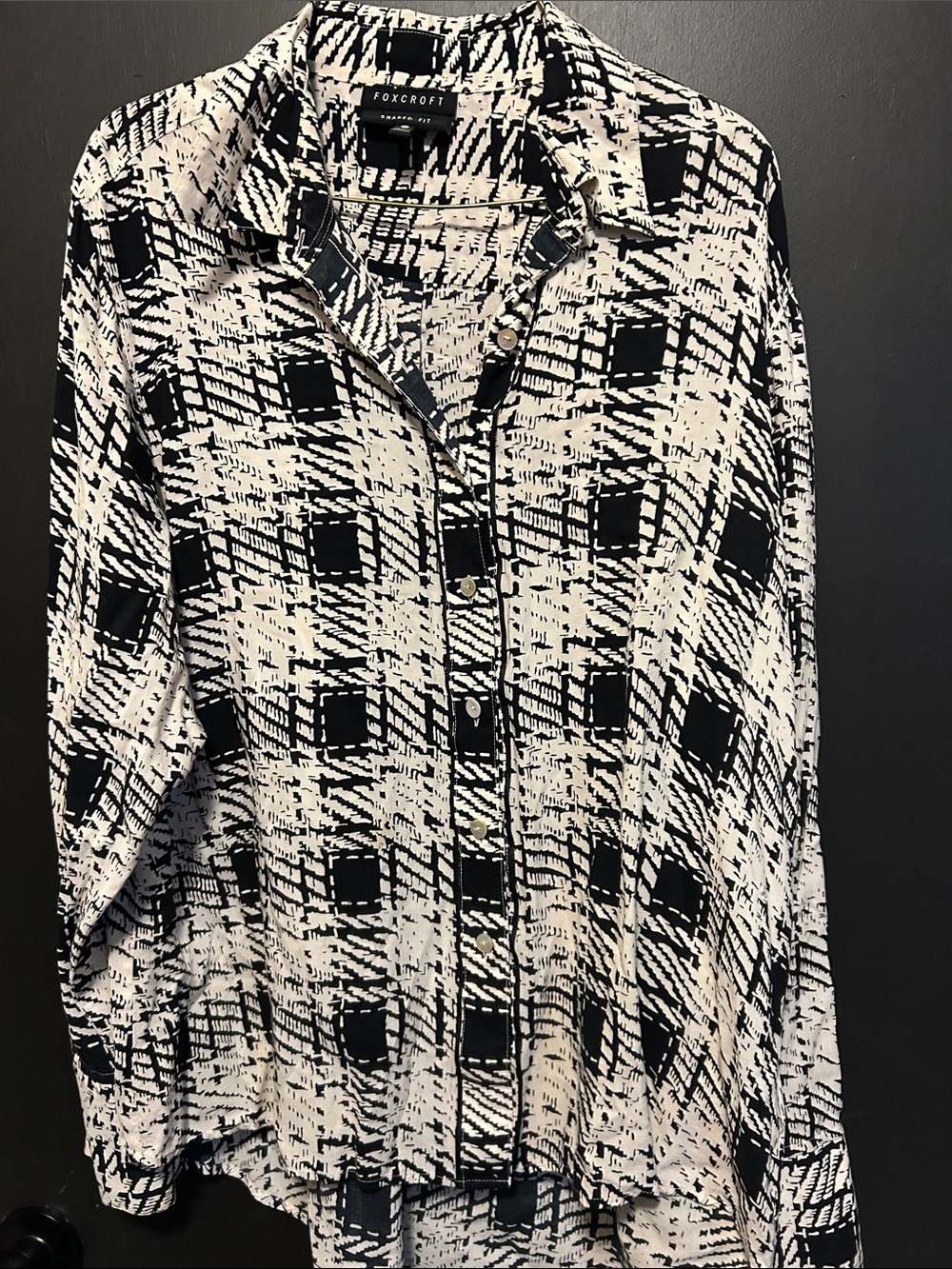Foxcroft Black & White Abstract Plaid Button-Down Shirt